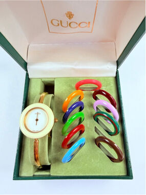 Gucci 11/12.2 Women's Swiss Change Bezel 11 Colors Gold Watch Full Set Box Retro